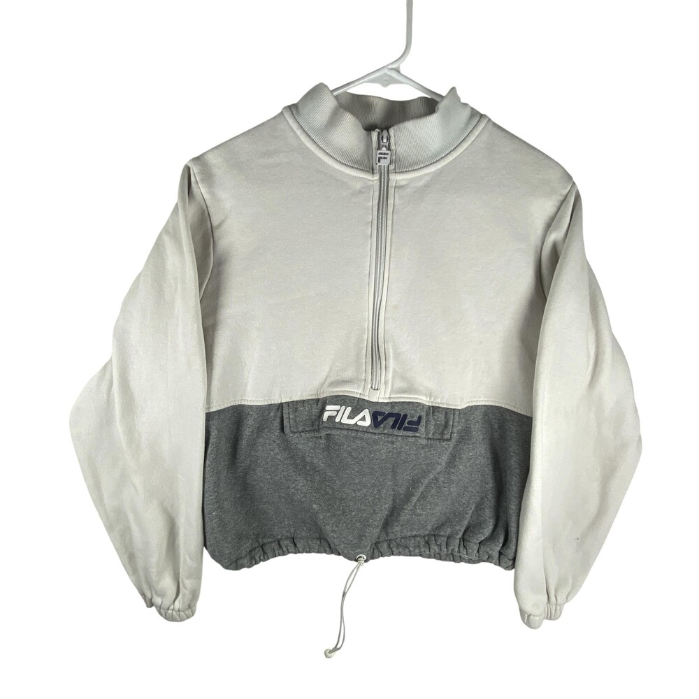 FILA Sweatshirt Womens Large White Gray 1/2 Zip Colorblock Fleece Mock Neck